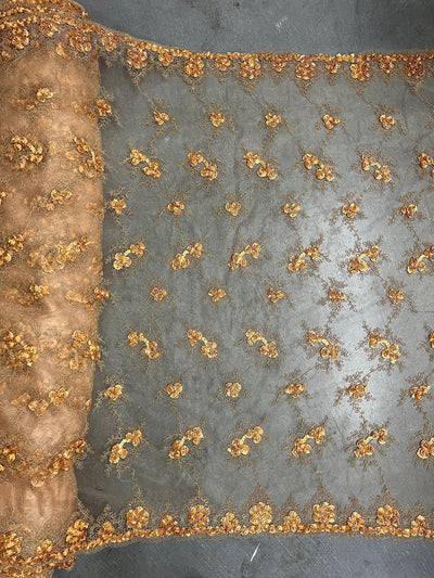 Andrea ANTIQUE GOLD 3D Floral Matte Corded Embroidery on Mesh Lace Fabric by the Yard - 10016