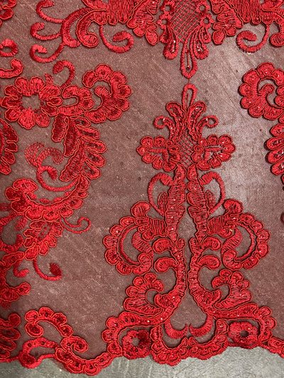 Vivian RED Polyester Embroidery with Sequins on Mesh Lace Fabric by the Yard for Gown, Wedding, Bridesmaid, Prom - 10003