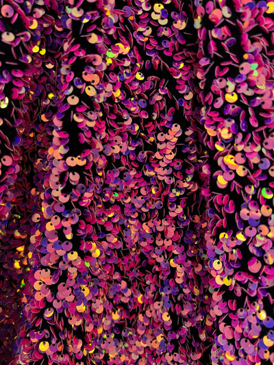 Stephanie PINK PURPLE Overlap Sequins on BLACK Stretch Velvet Fabric by the Yard for Gowns, Apparel, Costumes, Crafts - 10185