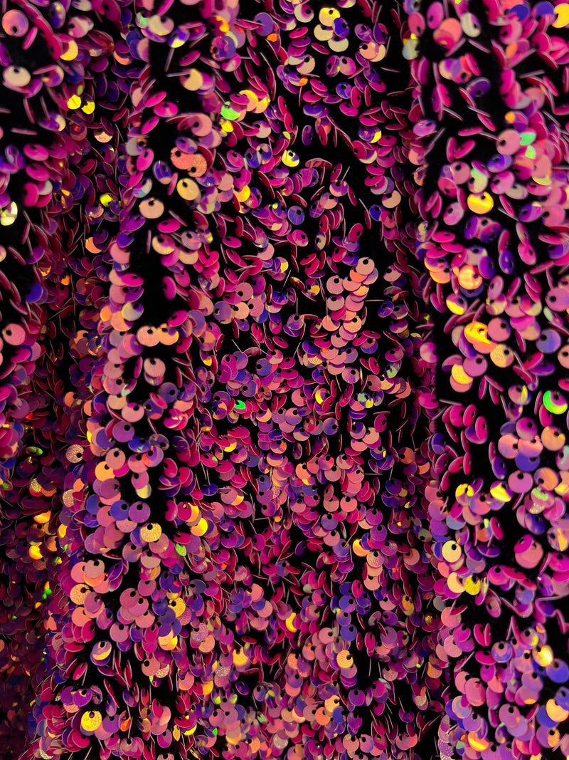 Stephanie PINK PURPLE Overlap Sequins on BLACK Stretch Velvet Fabric by the Yard for Gowns, Apparel, Costumes, Crafts - 10185