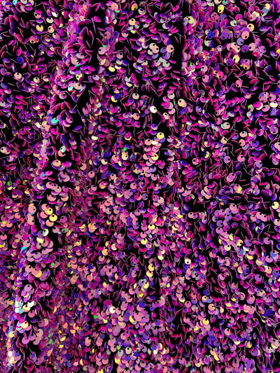 Stephanie PINK PURPLE Overlap Sequins on BLACK Stretch Velvet Fabric by the Yard for Gowns, Apparel, Costumes, Crafts - 10185