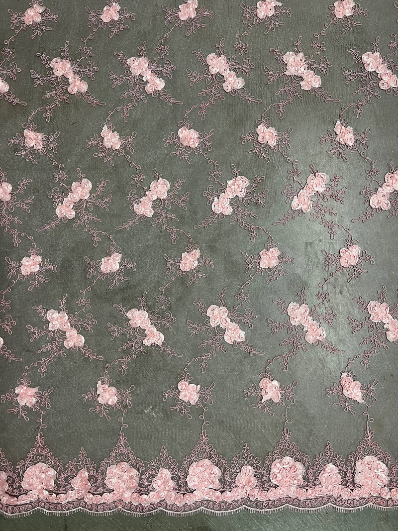 Andrea LIGHT PINK 3D Floral Matte Corded Embroidery on Mesh Lace Fabric by the Yard - 10016