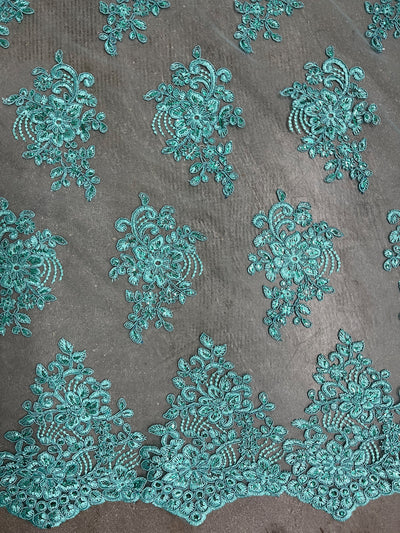 Brianna AQUA Polyester Floral Embroidery with Sequins on Mesh Lace Fabric by the Yard - 10020