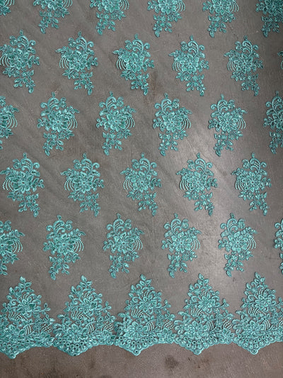 Brianna AQUA Polyester Floral Embroidery with Sequins on Mesh Lace Fabric by the Yard - 10020