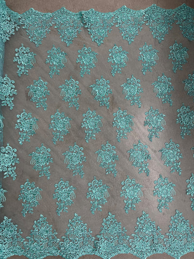 Brianna AQUA Polyester Floral Embroidery with Sequins on Mesh Lace Fabric by the Yard - 10020