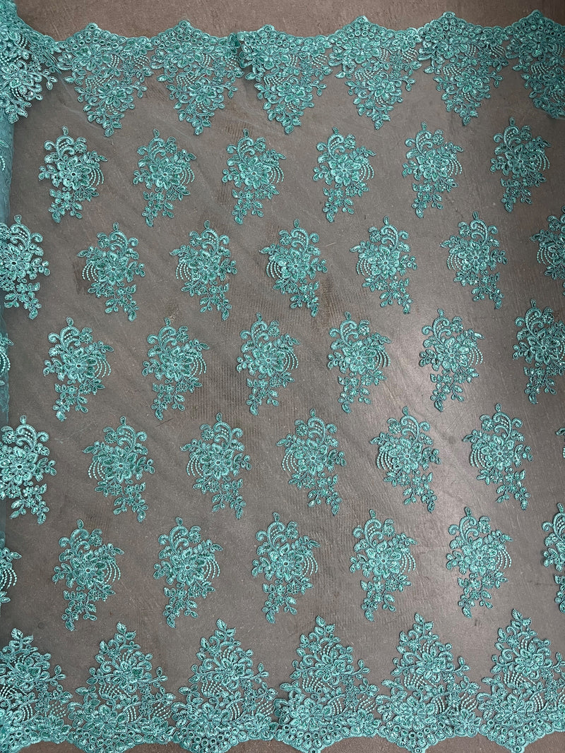 Brianna AQUA Polyester Floral Embroidery with Sequins on Mesh Lace Fabric by the Yard - 10020