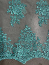 Brianna AQUA Polyester Floral Embroidery with Sequins on Mesh Lace Fabric by the Yard - 10020