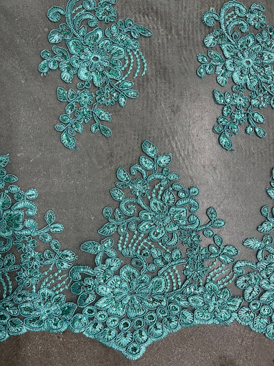 Brianna AQUA Polyester Floral Embroidery with Sequins on Mesh Lace Fabric by the Yard - 10020