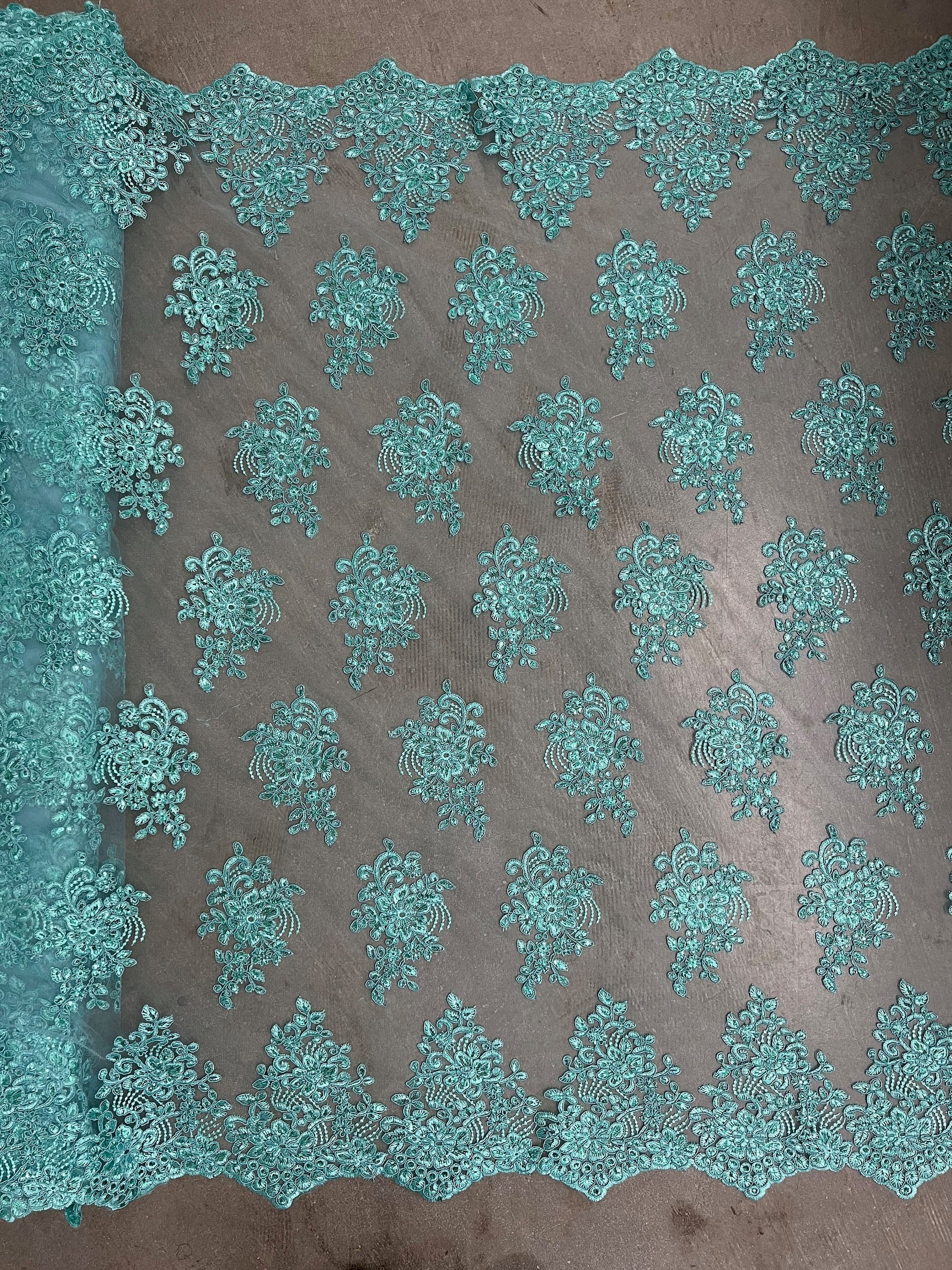 Brianna AQUA Polyester Floral Embroidery with Sequins on Mesh Lace Fabric by the Yard - 10020
