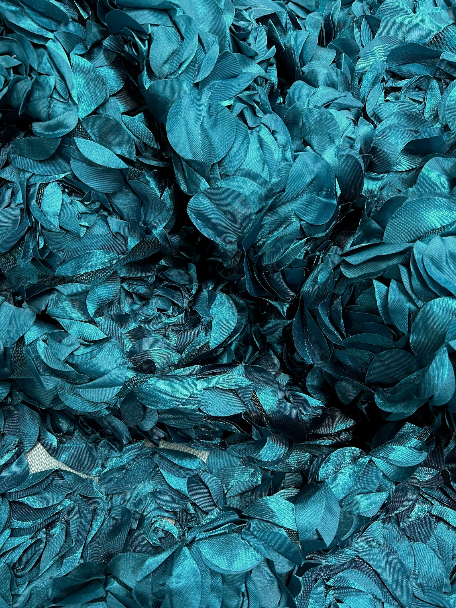 Maci TEAL 3D Floral Polyester Satin Rosette on Mesh Fabric by the Yard - 10057