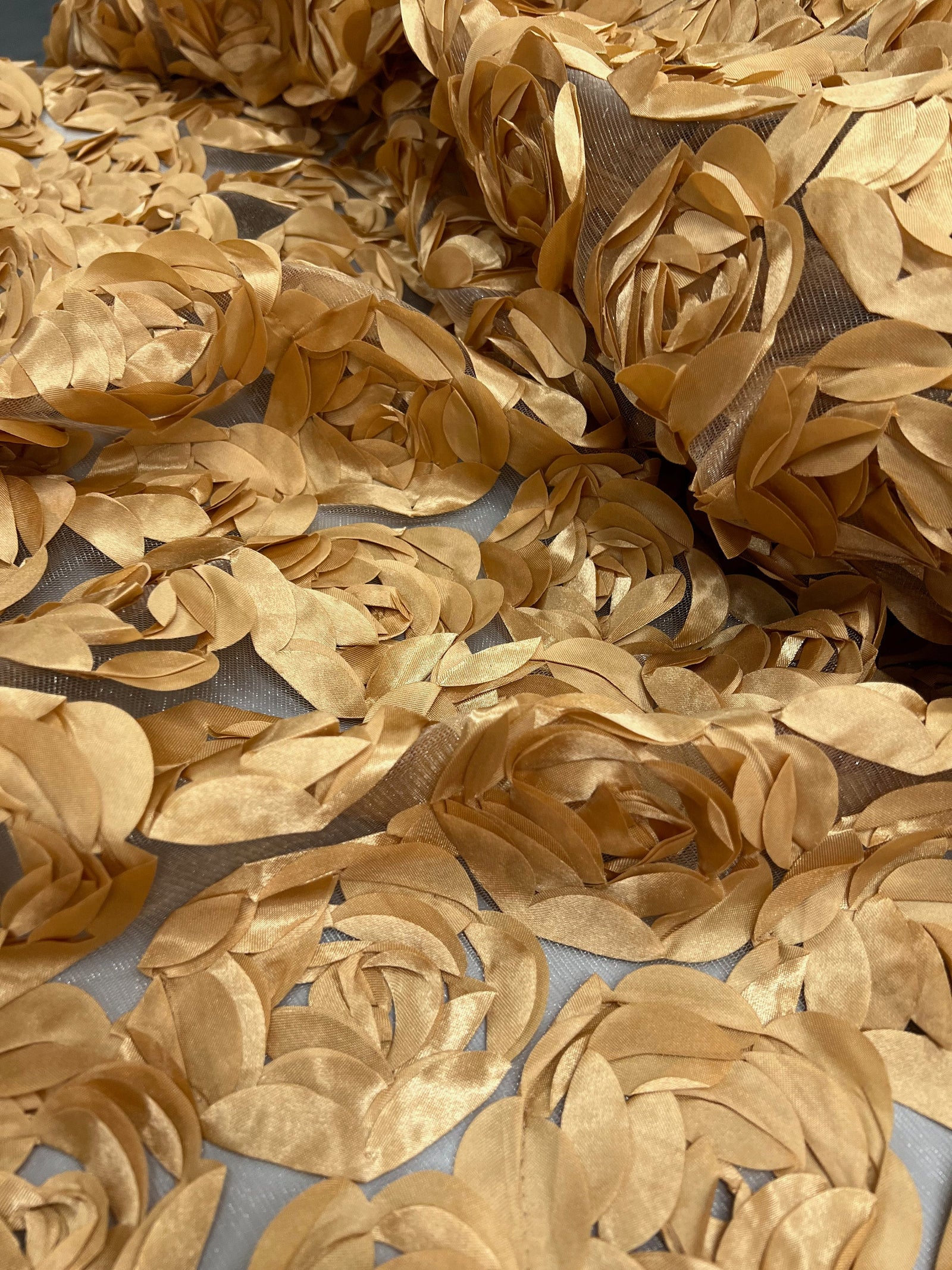 Maci CHAMPAGNE GOLD 3D Floral Polyester Satin Rosette on Mesh Fabric by the Yard - 10057