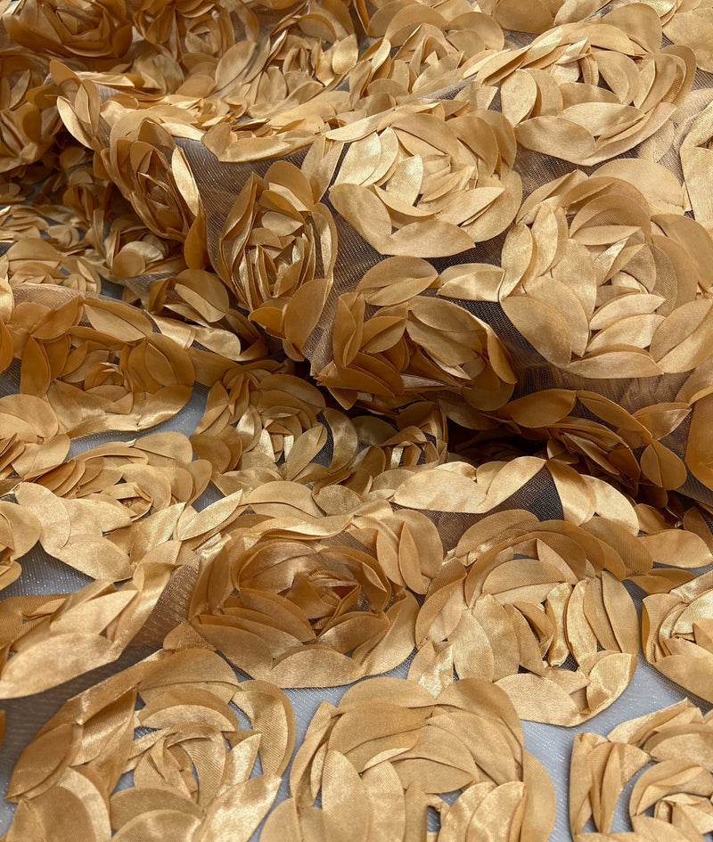 Maci CHAMPAGNE GOLD 3D Floral Polyester Satin Rosette on Mesh Fabric by the Yard - 10057