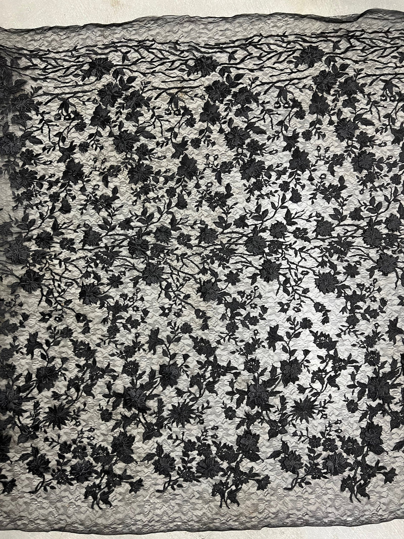Nina BLACK Polyester 3D Floral Embroidery on Mesh Lace Fabric by the Yard - 10032
