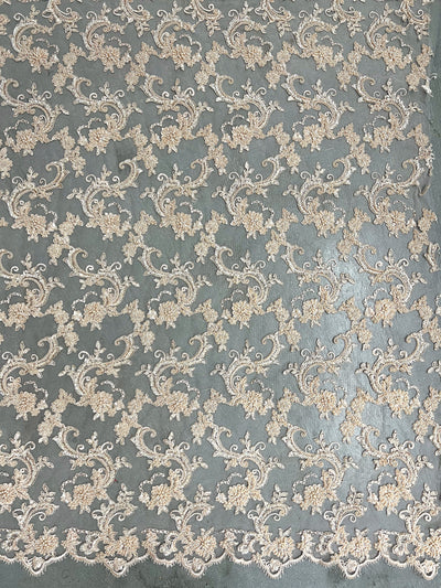Jayla LIGHT PEACH Floral Embroidery with Beads and Sequins on Mesh Lace Fabric by the Yard - 10044