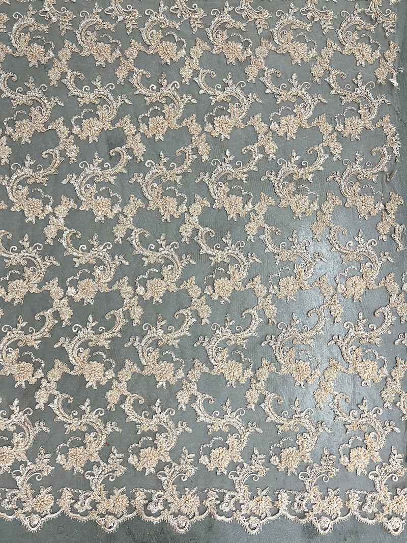 Jayla LIGHT PEACH Floral Embroidery with Beads and Sequins on Mesh Lace Fabric by the Yard - 10044