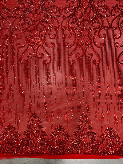 Angelica RED Curlicues and Leaves Sequins on Mesh Lace Fabric by the Yard - 10132