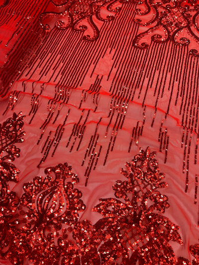 Angelica RED Curlicues and Leaves Sequins on Mesh Lace Fabric by the Yard - 10132