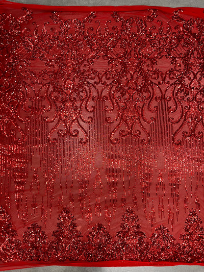 Angelica RED Curlicues and Leaves Sequins on Mesh Lace Fabric by the Yard - 10132