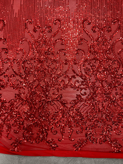 Angelica RED Curlicues and Leaves Sequins on Mesh Lace Fabric by the Yard - 10132