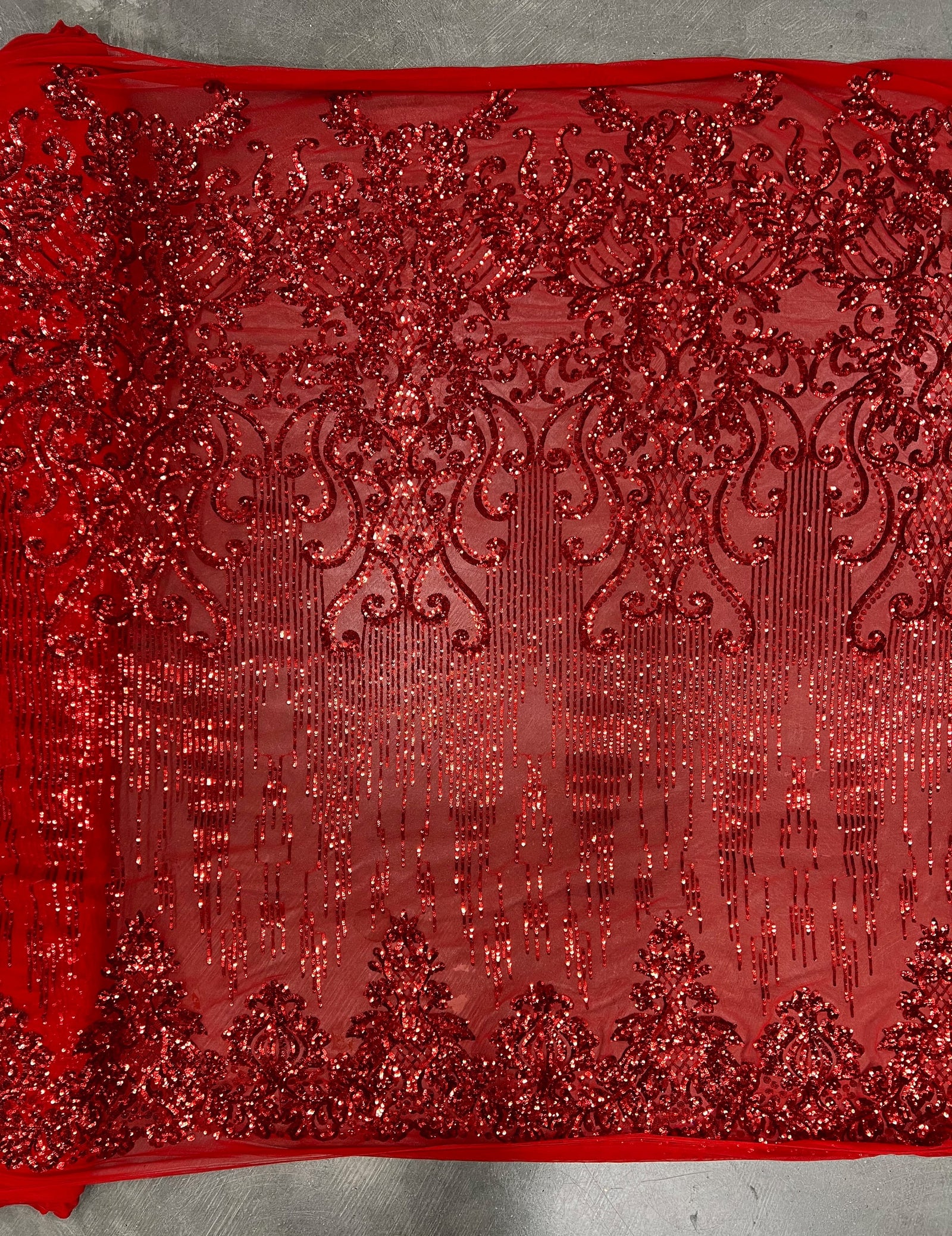 Angelica RED Curlicues and Leaves Sequins on Mesh Lace Fabric by the Yard - 10132