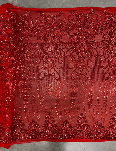 Angelica RED Curlicues and Leaves Sequins on Mesh Lace Fabric by the Yard - 10132