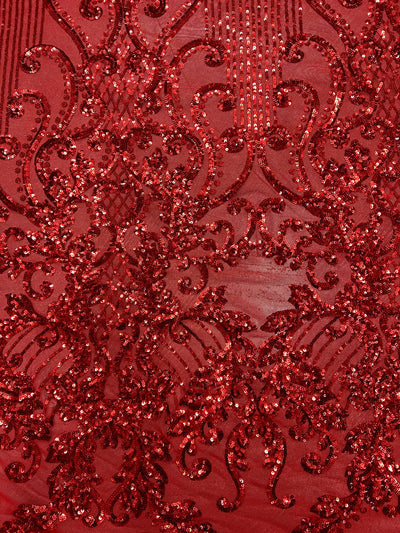Angelica RED Curlicues and Leaves Sequins on Mesh Lace Fabric by the Yard - 10132