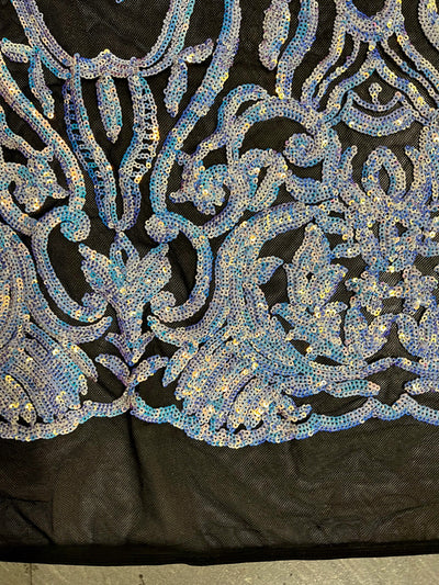 Phoebe IRIDESCENT WHITE Sequins on BLACK Mesh Lace Fabric by the Yard - 10062