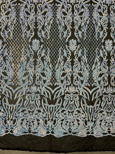 Phoebe IRIDESCENT WHITE Sequins on BLACK Mesh Lace Fabric by the Yard - 10062