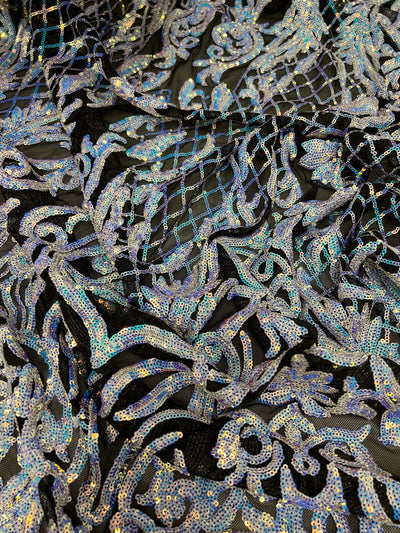Phoebe IRIDESCENT WHITE Sequins on BLACK Mesh Lace Fabric by the Yard - 10062