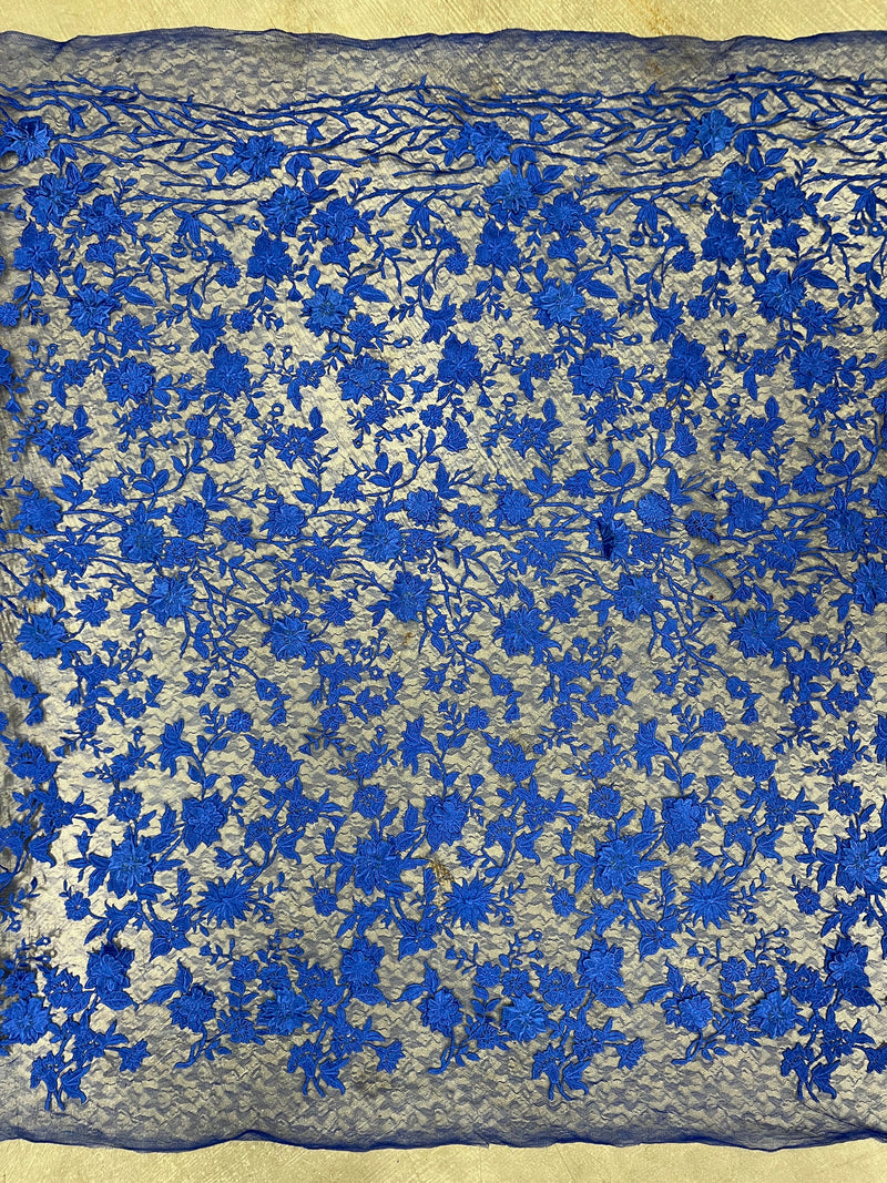 Nina ROYAL BLUE Polyester 3D Floral Embroidery on Mesh Lace Fabric by the Yard - 10032