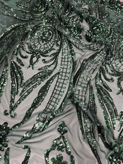 Alaina HUNTER GREEN Curlicue Sequins on Mesh Lace Fabric by the Yard - 10018