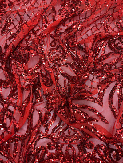 Phoebe RED Sequins on Mesh Lace Fabric by the Yard - 10062