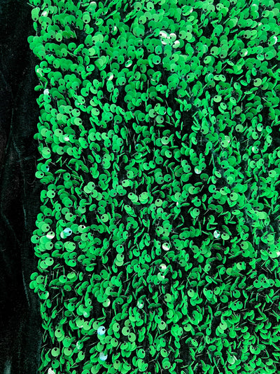 Stephanie GREEN Overlap Sequins on BLACK Stretch Velvet Fabric by the Yard for Gowns, Apparel, Costumes, Crafts - 10185