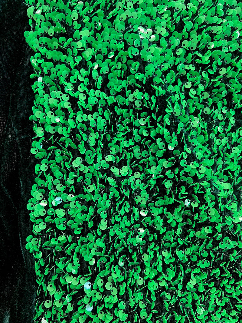 Stephanie GREEN Overlap Sequins on BLACK Stretch Velvet Fabric by the Yard for Gowns, Apparel, Costumes, Crafts - 10185