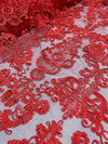 Vivian RED Polyester Embroidery with Sequins on Mesh Lace Fabric by the Yard for Gown, Wedding, Bridesmaid, Prom - 10003