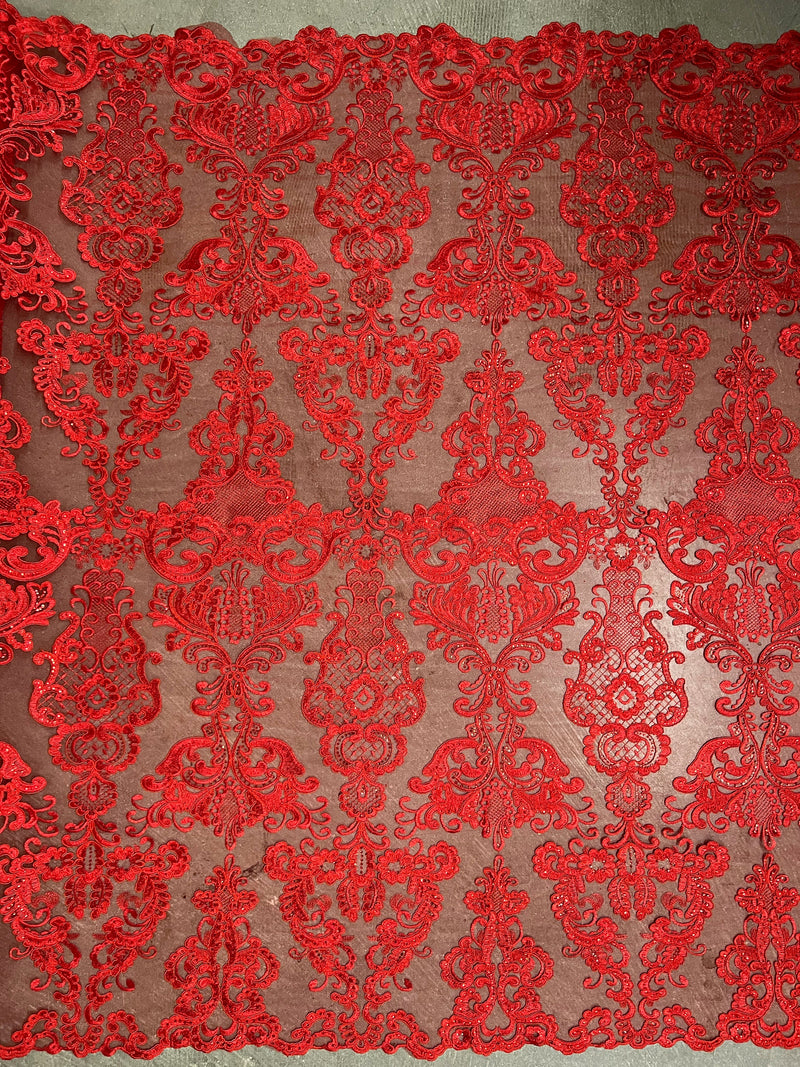 Vivian RED Polyester Embroidery with Sequins on Mesh Lace Fabric by the Yard for Gown, Wedding, Bridesmaid, Prom - 10003
