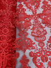 Vivian RED Polyester Embroidery with Sequins on Mesh Lace Fabric by the Yard for Gown, Wedding, Bridesmaid, Prom - 10003