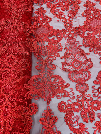 Vivian RED Polyester Embroidery with Sequins on Mesh Lace Fabric by the Yard for Gown, Wedding, Bridesmaid, Prom - 10003