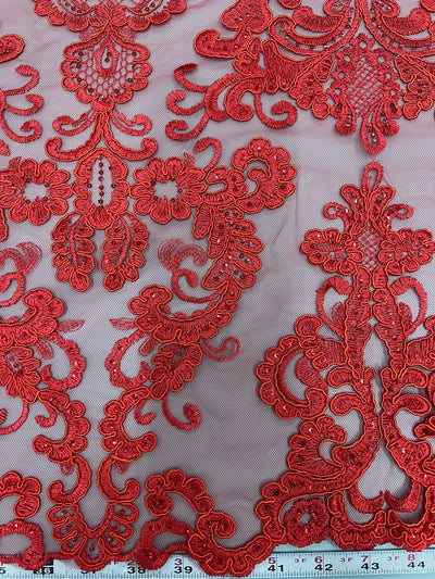 Vivian RED Polyester Embroidery with Sequins on Mesh Lace Fabric by the Yard for Gown, Wedding, Bridesmaid, Prom - 10003
