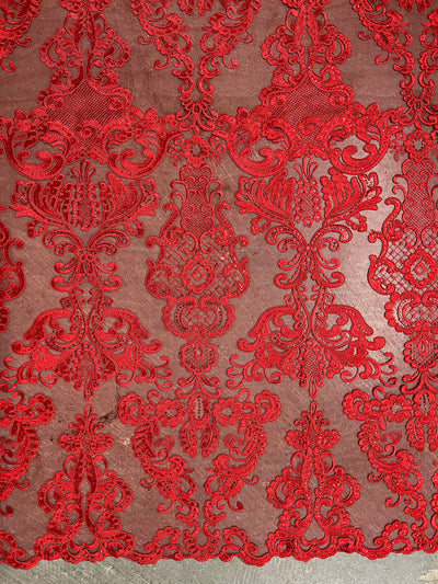Vivian RED Polyester Embroidery with Sequins on Mesh Lace Fabric by the Yard for Gown, Wedding, Bridesmaid, Prom - 10003