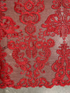 Vivian RED Polyester Embroidery with Sequins on Mesh Lace Fabric by the Yard for Gown, Wedding, Bridesmaid, Prom - 10003