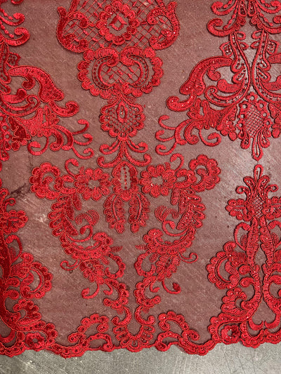 Vivian RED Polyester Embroidery with Sequins on Mesh Lace Fabric by the Yard for Gown, Wedding, Bridesmaid, Prom - 10003