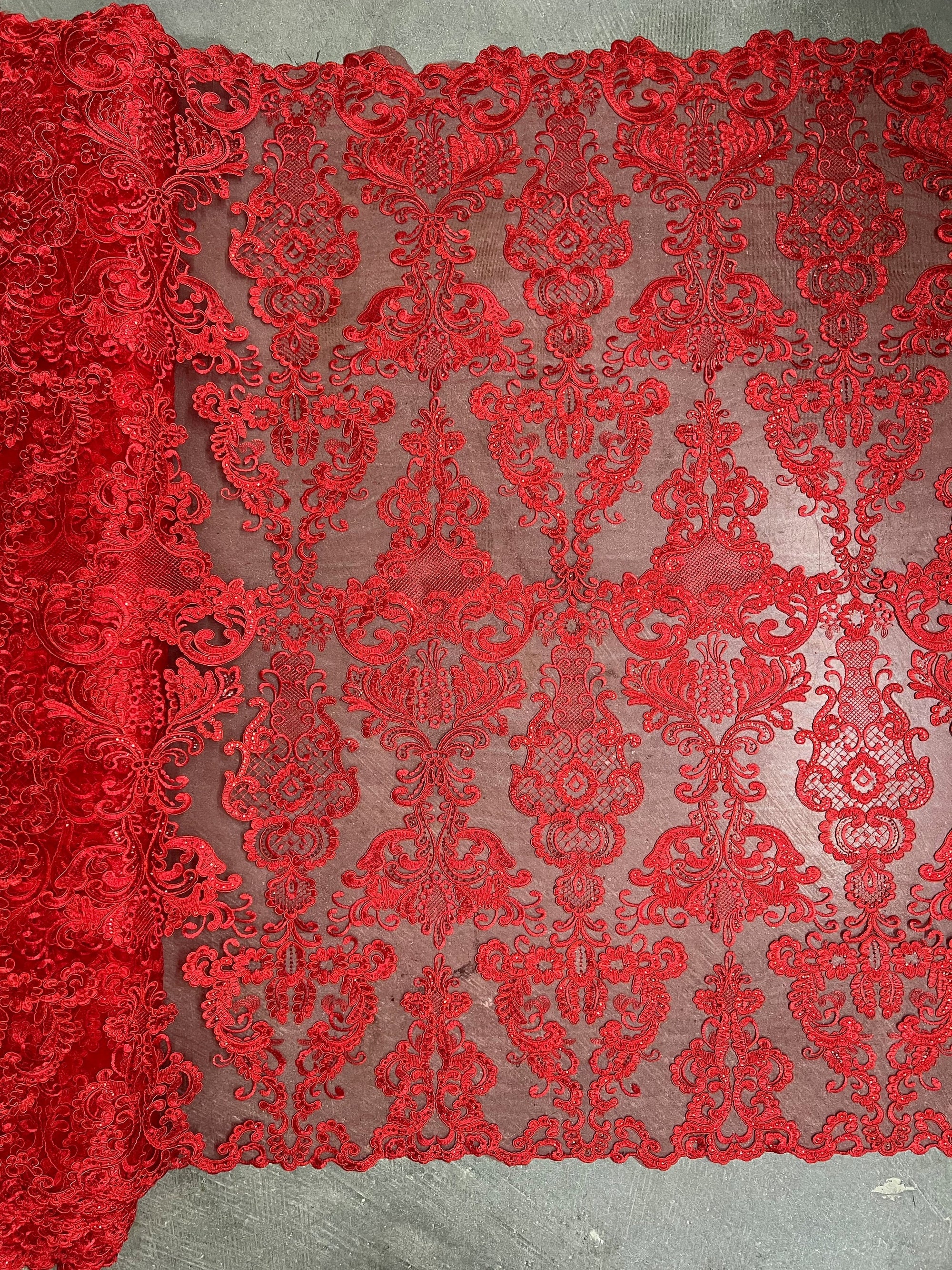 Vivian RED Polyester Embroidery with Sequins on Mesh Lace Fabric by the Yard for Gown, Wedding, Bridesmaid, Prom - 10003