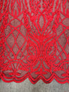 Sabrina RED Faux Pearls Beaded Lace Embroidery on Mesh Fabric by the Yard - 10098