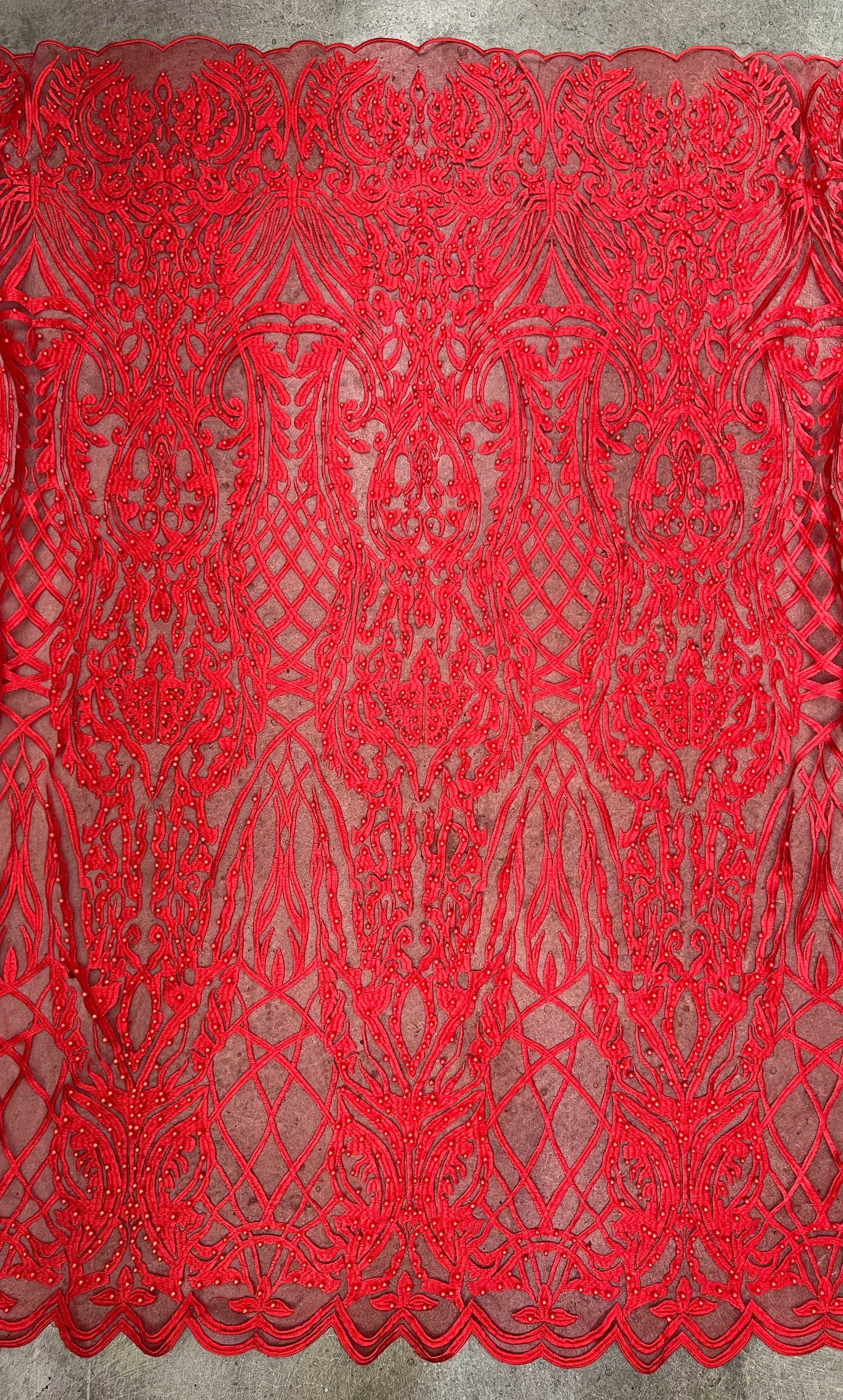 Sabrina RED Faux Pearls Beaded Lace Embroidery on Mesh Fabric by the Yard - 10098