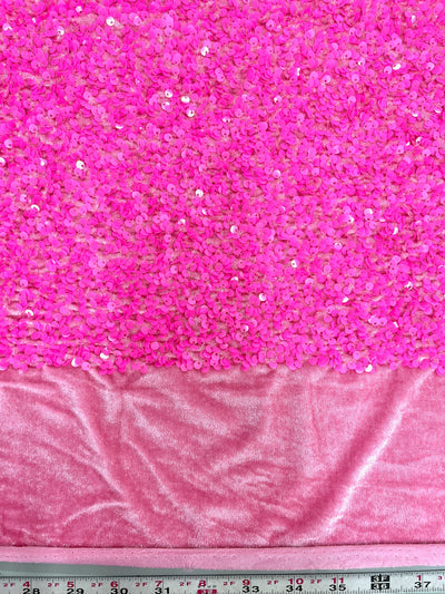 Stephanie HOT PINK Sequins on PINK Stretch Velvet Fabric by the Yard for Gowns, Apparel, Costumes, Crafts - 10185