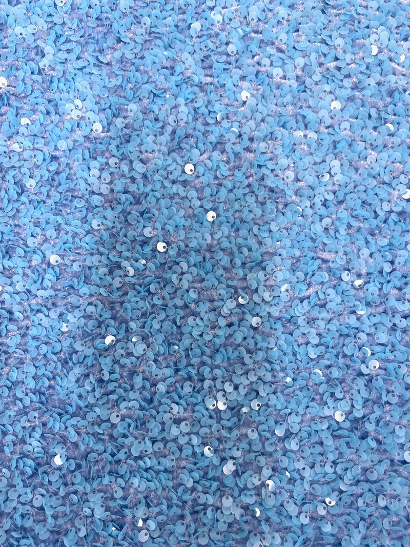 Stephanie LIGHT BLUE Sequins on BLUE Stretch Velvet Fabric by the Yard for Gowns, Apparel, Costumes, Crafts - 10185
