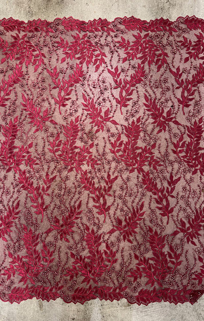 Veronica BURGUNDY Faux Pearls Beaded Flowers and Leaves Lace Embroidery on Mesh Fabric by the Yard - 10100