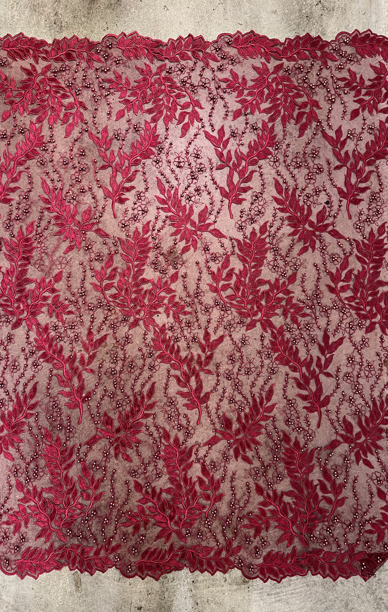 Veronica BURGUNDY Faux Pearls Beaded Flowers and Leaves Lace Embroidery on Mesh Fabric by the Yard - 10100