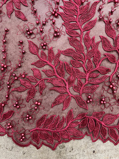 Veronica BURGUNDY Faux Pearls Beaded Flowers and Leaves Lace Embroidery on Mesh Fabric by the Yard - 10100